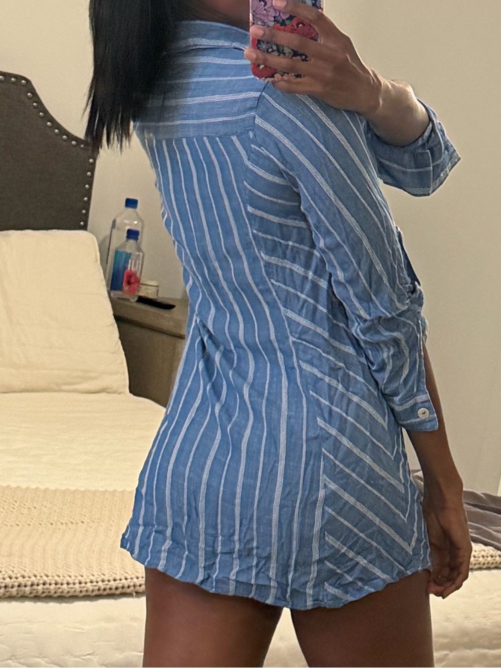 blue island Light Blue & White Striped Mini Shirt Dress